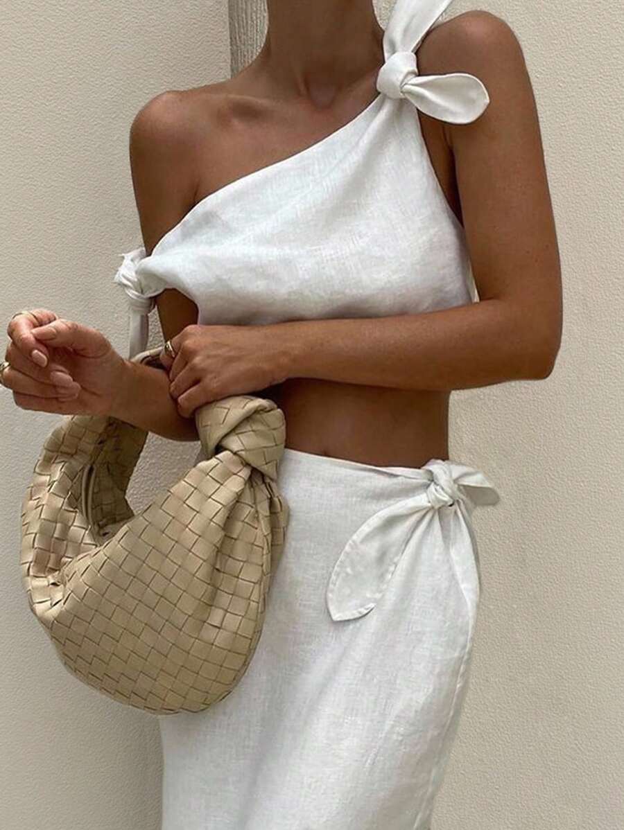 INAWLY 2pcs/Set Women Solid Asymmetrical Hem Cropped Top And Knotted Waist Maxi Skirt Fashionable Set - White - View 1