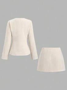SHEIN Sweetro French Round Neck Tweed Jacket + Bodycon Mini Skirt Elegant Ladies Suit Set Fall Cloth For Women - Apricot - View 2