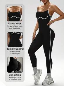 Dewbera Contrast Color Trim Backless Camisole Skinny Jumpsuit - Black - View 4