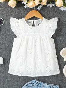 SHEIN Vintaside Kids 年轻女孩纯色圆领盖袖烂花衬衫