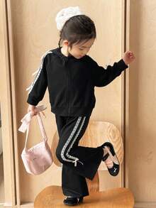 SHEIN 2pcs Young Girl Set: Hooded Sweatshirt With Ribbon & Bow Detail, And Sport Pants, Casual Cute Korean Style Young Girl Girls' Round Neck Knitted Sweaters Set, Fall Back To School Clothes Fall Clothes For Kids Winter Clothes - Black - View 4
