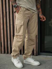 Manfinity Roughcore Men Multi-Pocket Casual Fashion Straight-Leg Utilitarian American Style Cargo Pants, Grey Cargo Pants With Back Pocket Men Tactical Work Pants Streetwear , Fall - Camel - View 3