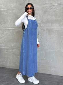 EURMUSE Women's Casual Loose Pocket Design Denim Overall Dress - Dusty Blue - View 3