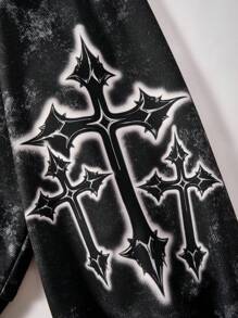 青少年/青少年男孩休闲日常百搭舒适街头风格图案印花宽松连帽套头衫，长袖 - 黑色 - 查看 6