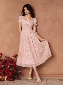 Savoree 优雅花卉印花泡泡袖系腰蕾丝边连衣裙，适合女士，婚礼宾客礼服，仙女裙，露肩