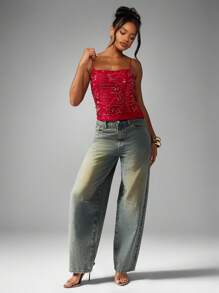 MISSGUIDED 装饰派对吊带上衣 水晶串珠晚装 细肩带 闪亮 特殊场合 夜间外出 优雅背心 - 橘色 - 查看 4