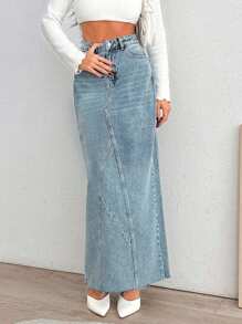 SHEIN Cottnline High Waist Back Slit Denim Skirt Stylish Casual - Medium Wash - View 5