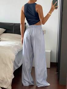 DAZY 2 件套女士休闲纯色吊带背心和条纹图案宽松睡裤套装，舒适睡衣 - 藏蓝色 - 查看 2