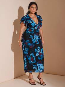 SHEIN BAE 大码女式优雅大号花卉网眼印花紧身 V 领连衣裙，长款，合身，修饰手臂，适合日常、外出、约会、下午茶、度假、春夏季、返校季女士连衣裙优雅女士正式、婚礼宾客礼服 - 藍色 - 查看 4