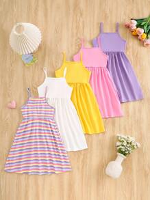 SHEIN 5pcs/Set Girls' Solid Color Spaghetti Strap Dresses, Suitable For Layering, Indoor And Outdoor Wear  Back To School Girls Toddler Summer Dresses Kids Sun Dresses Girls Pastel Summer Dress Rainbow Dresses For Kids Kids Summer Dresses