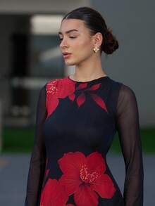 Andrea Bello Damen Floral Muster Kleid mit offenem Rücken und ausgestellten Ärmeln, Kurzes Kleid mit Blume Muster, Kleid mit ausgestellten Ärmeln, Elegant/Pendler/Urlaub/Date/Sexy/Party