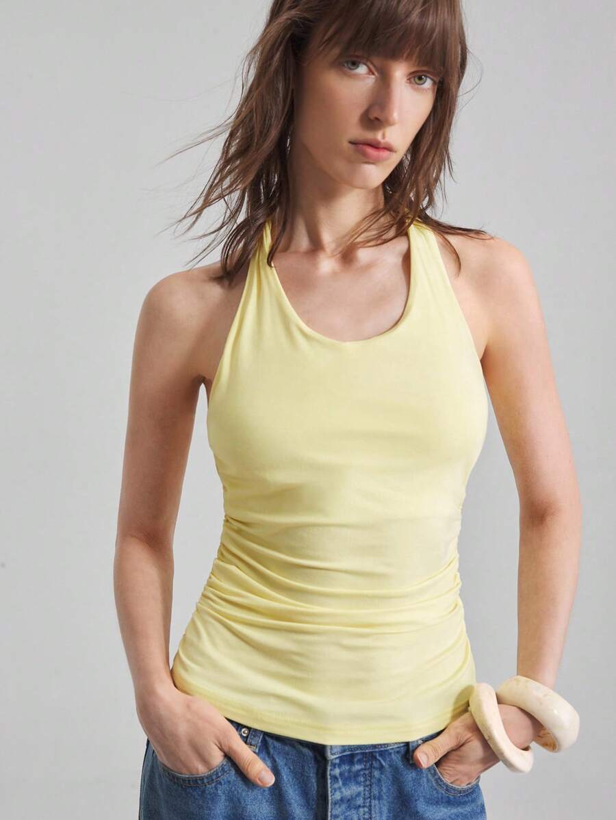 Ontre 2025 Sommer & Herbst Damen Lässig einfarbiges Trägertop mit Rückenausschnitt, enge Passform, elegantes ärmelloses Shirt für Musikfestivals, Partys, Basics, Schulterfreie Bluse, Business Lässig