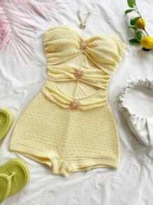 Soleia Women's Vacation White Knit Texture Metal Accessory Decor Slim Jumpsuit, Suitable For Party, Date, Afternoon Tea, Music Festival, Beach, Cruise, Summer Outfit One Piece Playsuit Yellow Playsuit