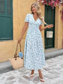SHEIN Frenchy Women's White And Blue Floral V-Neck Elegant Long Dress, Summer Boho Tea Party Holiday Vacation Cottagecore French Beach Short Sleeve Dresses - Blue - View 5