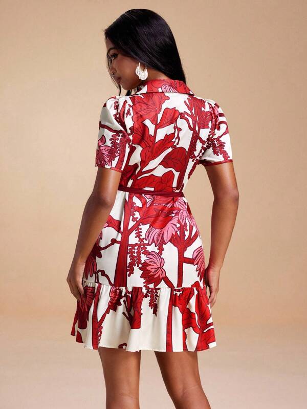 MIRENZI Tropisch florales A-Linien-Hemdkleid mit puffigen Ärmeln und Kordel-Gürtel, Damen Sommerurlaub