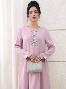 Yasmyna Elegante Kleid mit Schleife-Akzent und Strass in rosa arabischem Stil für Frauen