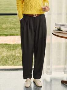 Briarwyn 女士休闲纯色梭织褶皱修身裤，不含腰带，秋季女士装，冬季女士装，返校装，教师女士装，复古女士装，老钱风格 - 巧克力棕 - 查看 1