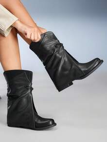 CUCCOO GRLICON Botas de tacón redondo con suela moldeada de PU, material de PU negro, decoración de lazo y diseño de volantes, adecuadas para uso diario, fiestas, Navidad, Halloween, festivales de música, otoño - Negro - Ver 5