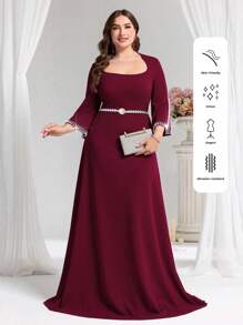 Coutiva Đầm dạ hội trang trọng cổ vuông ôm sát đính hạt cỡ lớn, Đầm dự tiệc, Váy dài, Dành cho khách dự tiệc cưới - Màu Đỏ Sâu - Xem 1