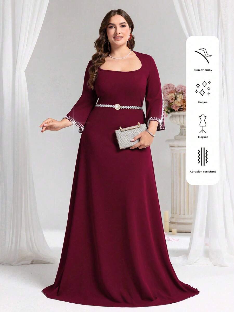 Coutiva Đầm dạ hội trang trọng cổ vuông ôm sát đính hạt cỡ lớn, Đầm dự tiệc, Váy dài, Dành cho khách dự tiệc cưới - Màu Đỏ Sâu - Xem 1