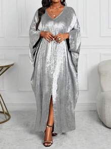 SHEIN Lady 大码女式撞色V领蝙蝠袖长袖宽松休闲连衣裙，秋冬 - 銀色 - 查看 1