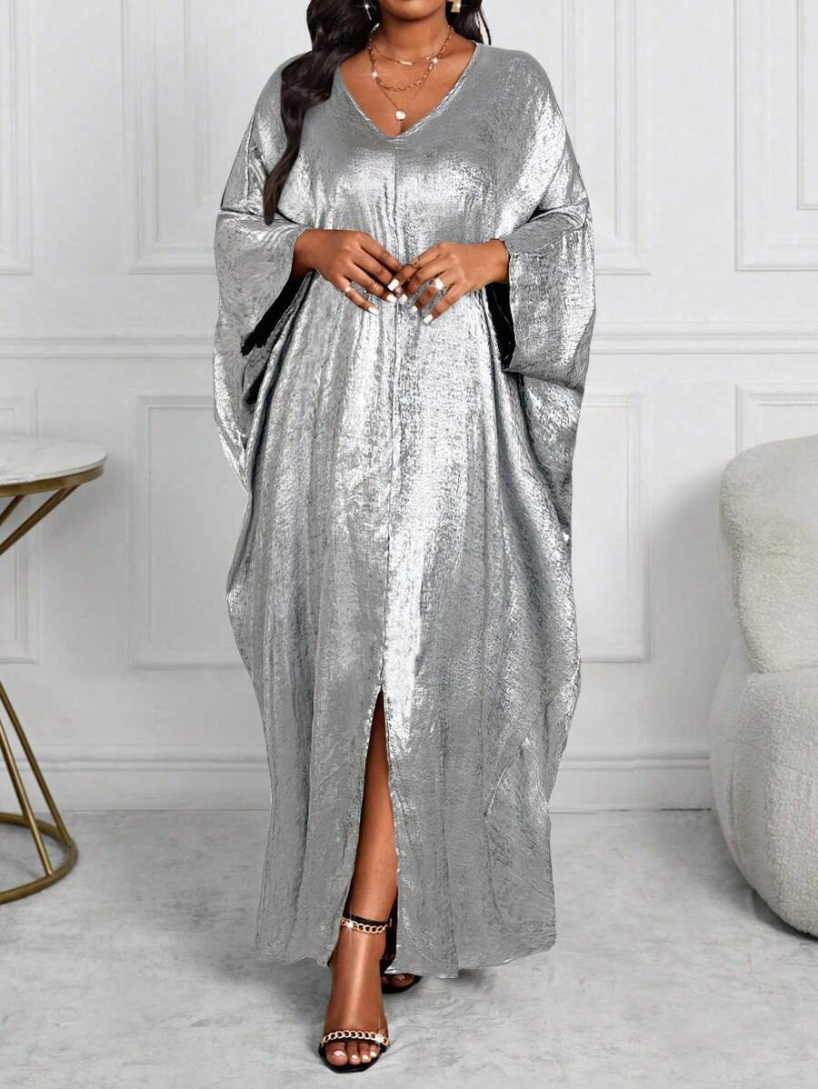 SHEIN Lady 大码女式撞色V领蝙蝠袖长袖宽松休闲连衣裙，秋冬 - 銀色 - 查看 1