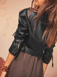 Aralina PU 仿皮机车夹克 短款机车夹克 前卫街头风 系带外套 - 黑色 - 查看 2