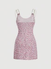 SHEIN MOD Vestido mini con correa de perlas gruesa para mujer, rosa y morado, vestido de otoño, ropa de mujer de otoño, ropa de vuelta al colegio, ropa de oficina para mujer, estilo "old money" para mujer, atuendo de cumpleaños, oficina, ropa vintage para mujer, vestidos formales para invitados de boda, atuendo de oficina para mujer, vestidos para fiestas de mujer, atuendos de crucero para mujer, atuendos de maestra para mujer - Rosa - Ver 2
