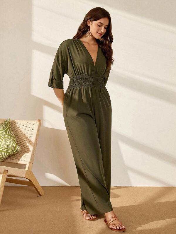 Nubod Plus Size Women's Solid Deep Shirred Waist Drawstring Casual Jumpsuit