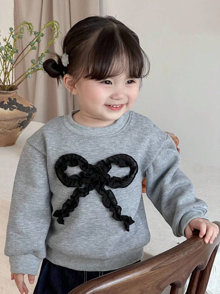 Baby Girl Casual Contrast Color Bow Decor Drop Shoulder Loose Fit Pullover Sweatshirt, Autumn Toddler Girls Clothes