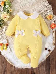 SHEIN Bộ đồ liền thân dài tay cổ lọ dệt kim cho bé gái, bộ đồ liền thân không chân, ấm áp và thoải mái, thiết kế nơ thanh lịch, phù hợp cho mùa thu/đông, màu vàng/vàng nhạt, đa năng cho hàng ngày, trong nhà, ngoài trời và du lịch - Màu vàng - Xem 3