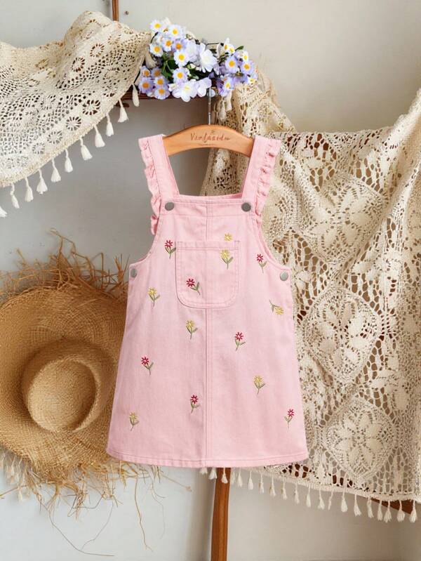 SHEIN Vintaside Kids Young Girls' Embroidered Denim Dress With Decorative Embellishments