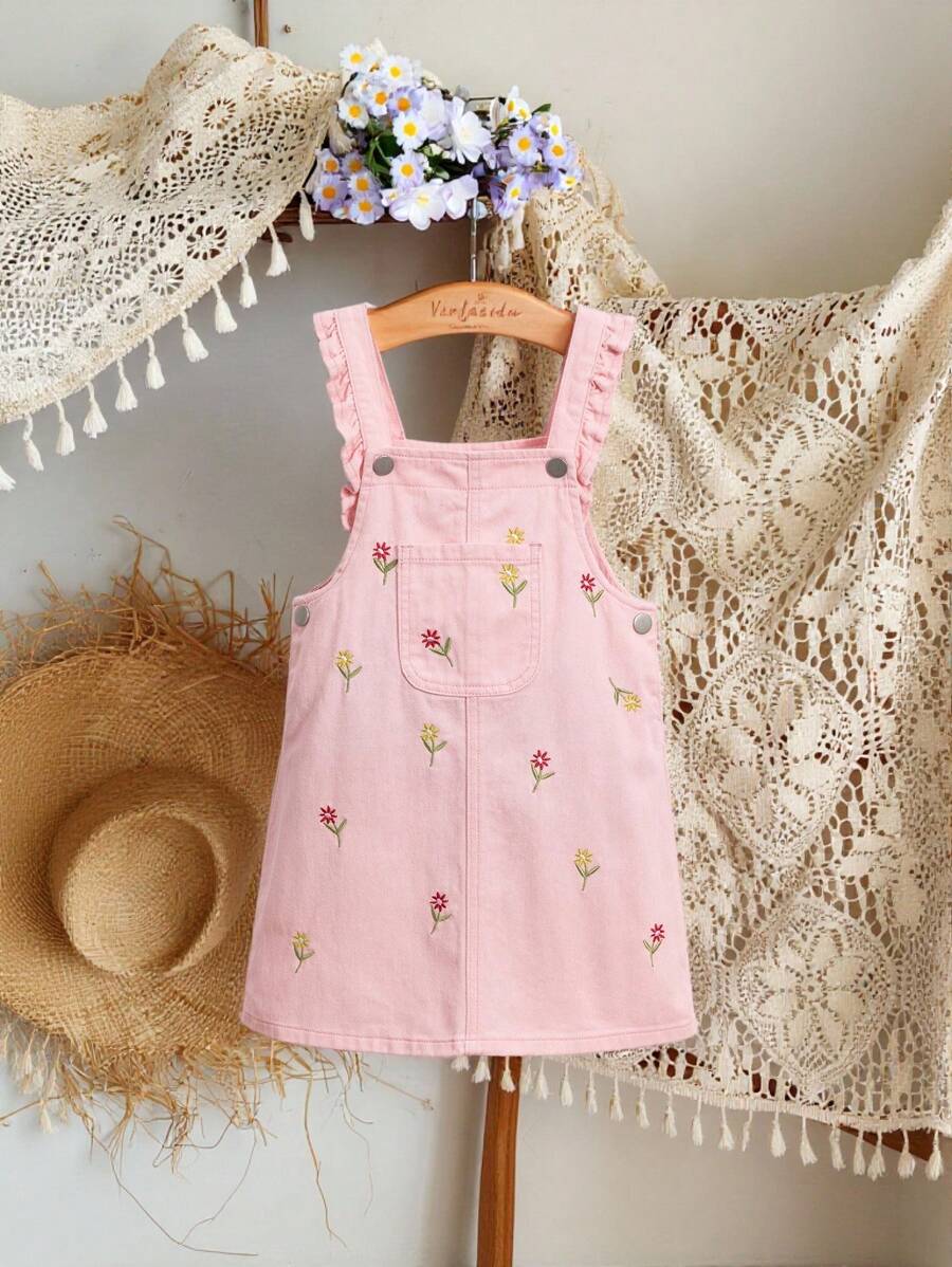 SHEIN Vintaside Kids 少女刺繡牛仔連衣裙，附有裝飾點綴