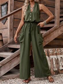 LanaWest Women's Casual Vacation Elegant Deep V-Neck Sleeveless Cinched Waist Loose Straight Leg Pocket Jumpsuit, Summer