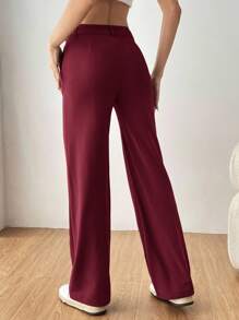 SHEIN EZwear 秋冬女士简约休闲酒红色长裤 - 酒紅色 - 查看 2