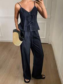 DAZY Women's Summer Flounce Strap Top And Wide-Leg Jeans 2-Piece Set - Dark Wash - View 3