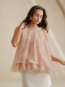 Anewsta Elaire Fashionable Elegant Chic Fresh Rhinestone & Pearl Decor Sleeveless Women Tank Top - Pink - View 1