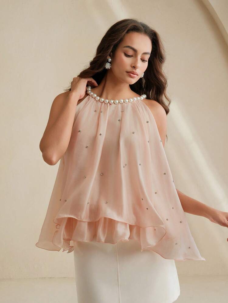 Anewsta Elaire ファッショナブルでエレガントでシックなライノストーン&パールデコレーションのレディースノースリーブタンクトップ