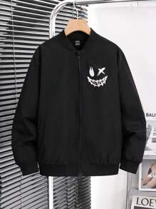 SHEIN Leap Crew Tween Boy Smiling Face Pattern Long Sleeve Casual Baseball Collar Windbreaker Jacket  Suitable For Kids Outfits Toddler Boy Clothes Back To School Boys Set Suitable For Birthday Parties, Evening Parties, Performances, Weddings, Baptisms, Opening Ceremonies Daily Suitable For Daily Use Suitable For School Suitable For Travel Suitable For Sports Suitable For Spring, Autumn And Winter Seasons Fall - Black - View 3