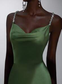 Elitara 优雅绿色缎面迷人珍珠吊带垂坠领美人鱼露背性感连衣裙，适合约会、度假、生日派对、舞会、婚礼、舞会、伴娘 - 綠色 - 查看 3