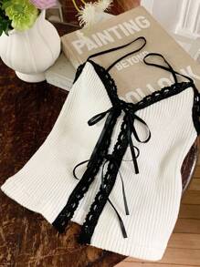 Comfortcana 女式撞色蕾丝边系带针织背心 - 黑與白 - 查看 3