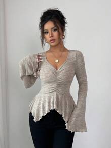 Selianne 女式 V 领不对称下摆喇叭袖荷叶边优雅浪漫度假通勤 T 恤，秋季 - 卡其色 - 查看 4