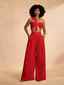 Zivah 新款春夏休闲优雅度假单肩胸前打结吊带设计后背短款上衣+阔腿超长裤白色梭织女两件套-A - 紅色 - 查看 6