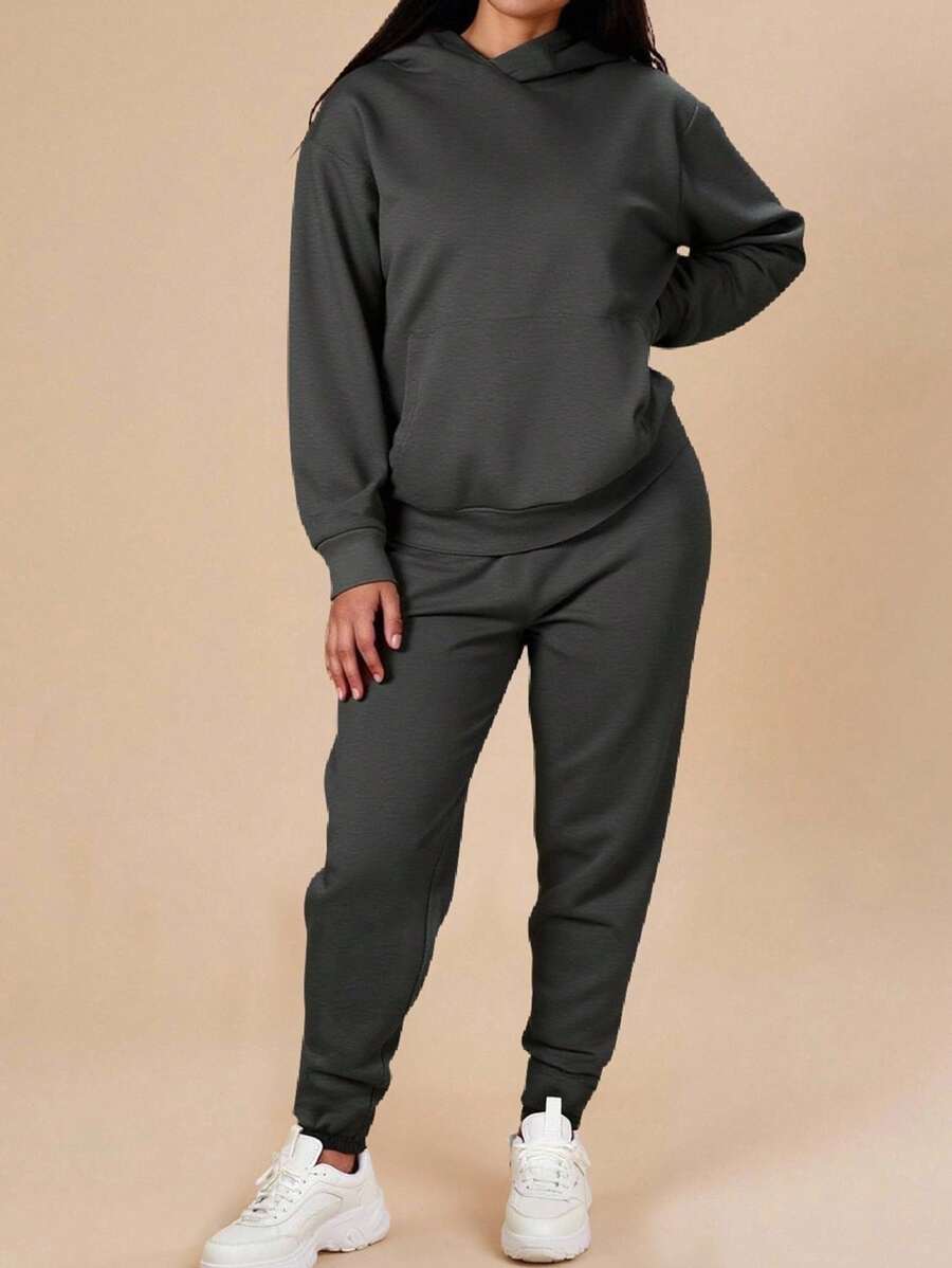INAWLY 2 Stücke Damen Lässig Set aus einfarbiger Hoodie und Jogginghose, Herbst/Winter - Dunkelgrau - Übersicht 1
