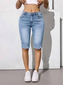 SHEIN ICON 女式口袋休闲百搭短款牛仔裤 - 藍色 - 查看 5