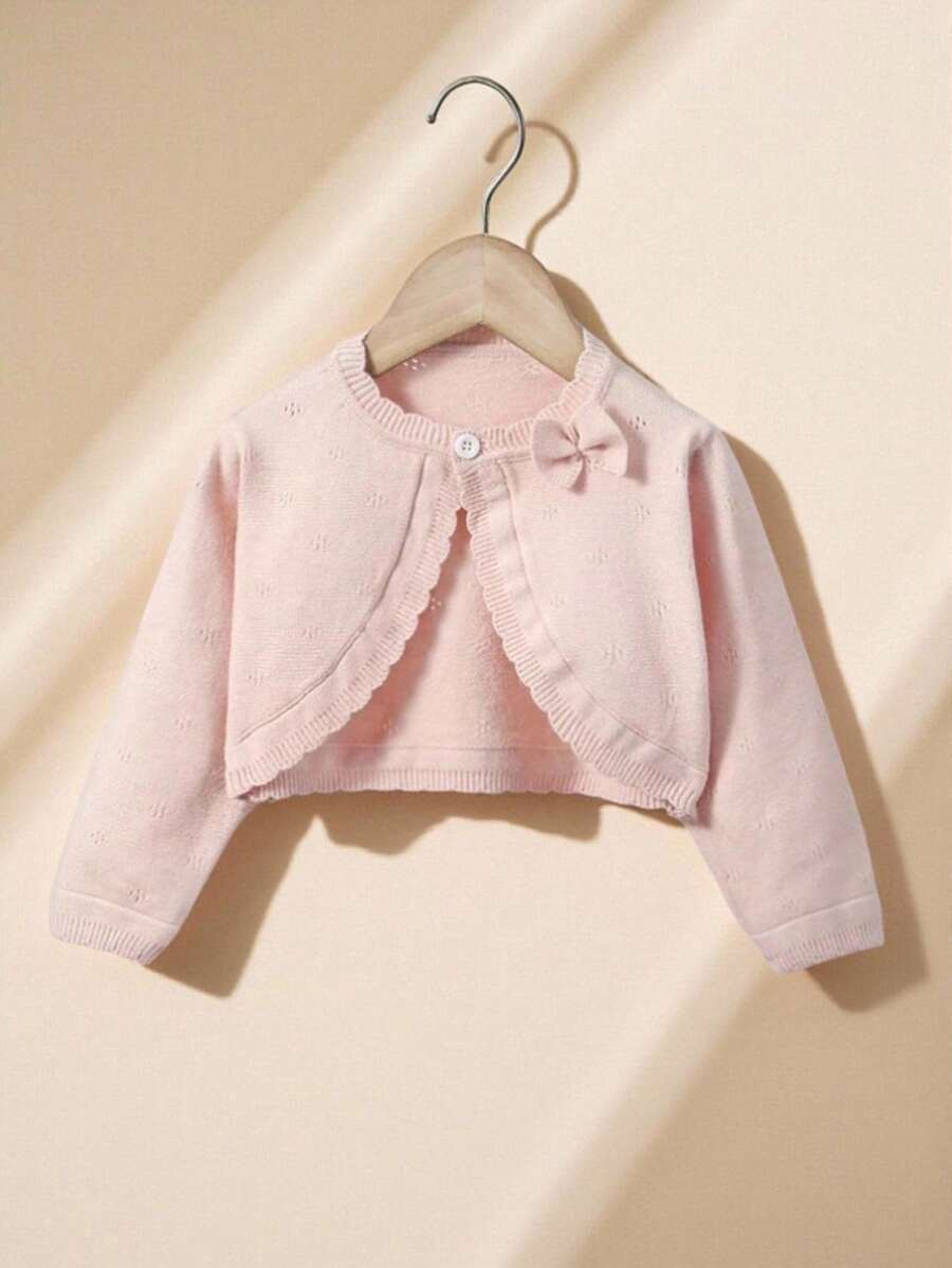 Souflis Souflis Baby Girls Knitted Cardigans, Long Sleeve, Comfy, Elegant Plain Color Bow Design Short Shawl Outerwear, Fashionable, Cute, Chic, Versatile, Suitable For Spring/Autumn, Indoor, Outdoor, Vacation - Pink - View 1