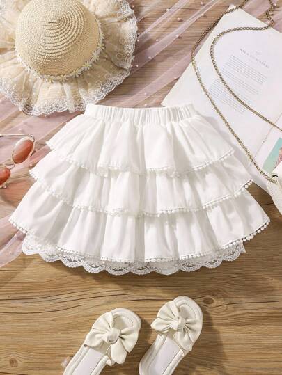 Elladie kids 年轻女孩假日纯色弹性腰部对比蕾丝荷叶边下摆 A 字裙