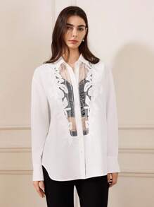 Briarwyn 女士优雅材质拼接透明提花立领衬衫女衬衫，长袖上衣女式贴花做旧透明长袖衬衫，春秋季，优雅通勤女士白色天丝花卉蕾丝拼接衬衫，商务休闲，老款服装 - 白色 - 查看 11