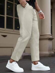 Manfinity Homme Quần ống đứng ôm eo có dây rút cho nam với chi tiết nhỏ - Màu be - Xem 4