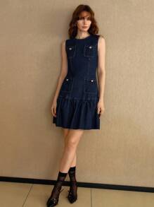 MOTF PREMIUM POCKET A LINE DENIM DRESS - Blue - View 2